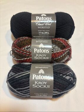 3 Skien Yarn Lot Wool & Wool Blend, Black and Variegated Marl Knit Crochet Craft
